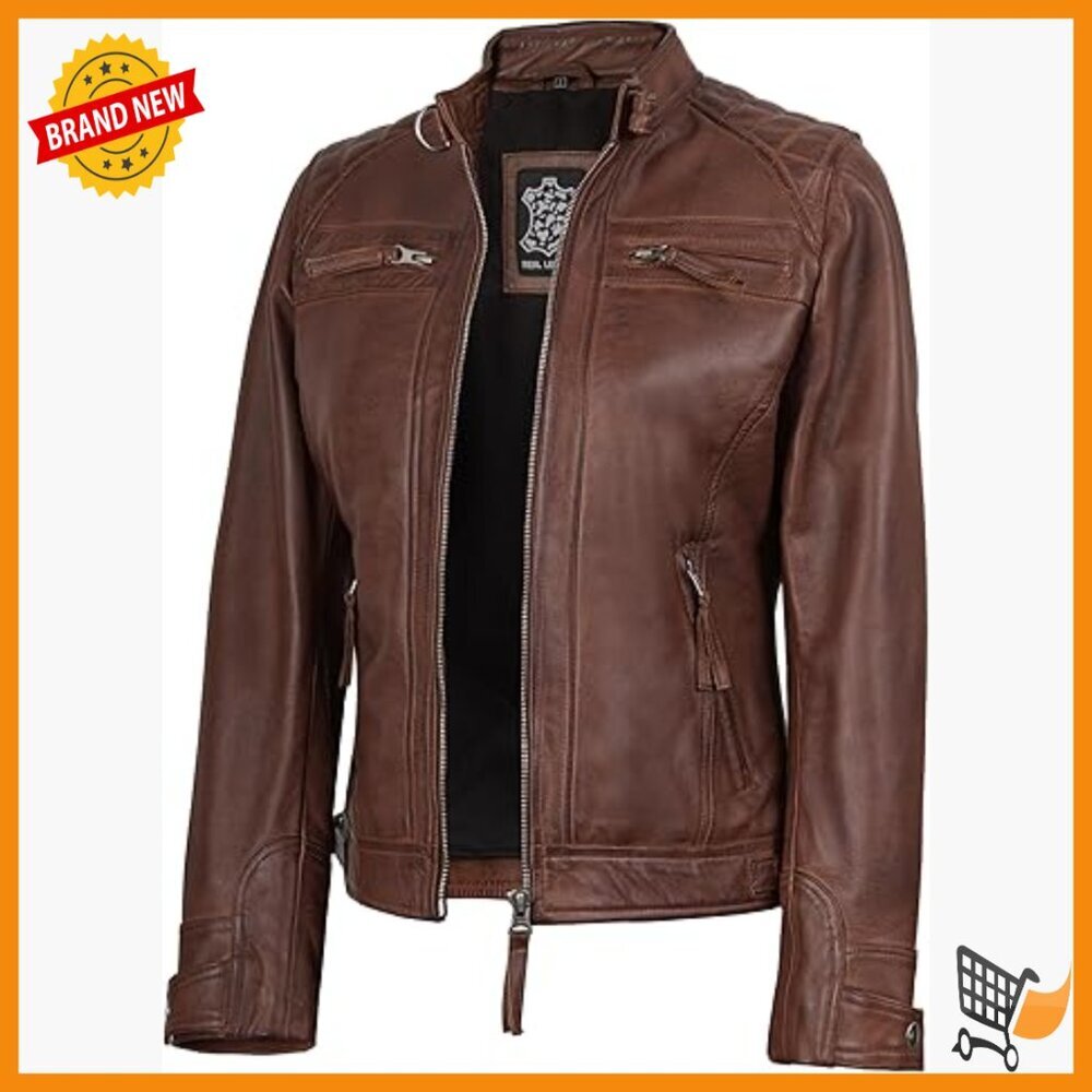 Real Lambskin Leather Jacket Women Slim Fit Quilted Cafe Racer Style